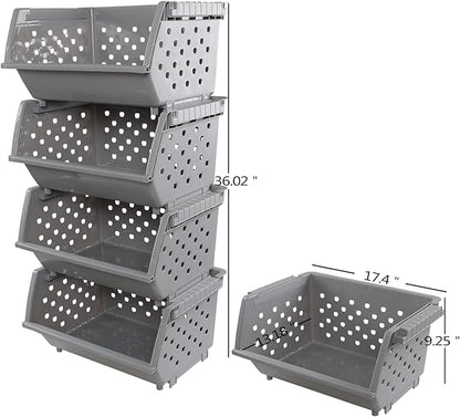 4-Pack Plastic Large Stacking Organizer Basket, Stacking Open Front Storage Bins, Gray