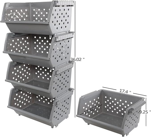 4-Pack Plastic Large Stacking Organizer Basket, Stacking Open Front Storage Bins, Gray