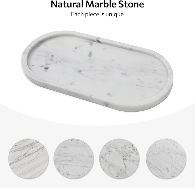 Faticdorr Carrara White Marble Tray, 2 Pcs, Marble Vcnity Tray, Bathroom, Decor for Trinket Perfume Jewelry Candle, 12 Inch Oval