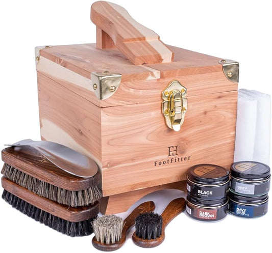 FootFitter Shoe Shine Set with Grand Cedar Storage Box, Polish Creams, Valet Box & Premium Shoe Care Tools for Leather Shoes