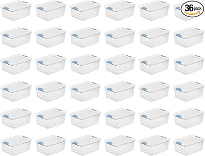 Sterilite 36-Pack Latching Box, Under Bed Storage Bins with Lids, Clear Plastic, 15 Quart - Heavy-Duty Organizing Containers for Closet, Bathroom, and Office