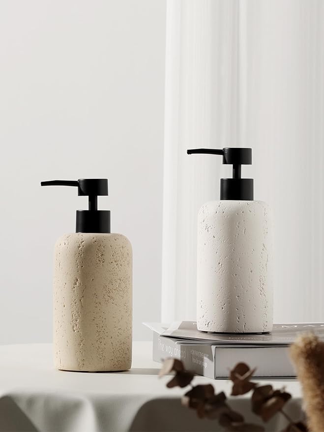 Haocoott Soap Dispensers 400mL 13.5 OZ, 2 PCS Luxurious Hand Dish Lotion Shampoo Soap Dispenser Jar, Travertine Soap Pump Bottles for Kitchen Bathroom Countertop (Cream)