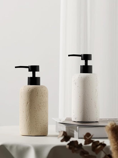 Haocoott Soap Dispensers 400mL 13.5 OZ, 2 PCS Luxurious Hand Dish Lotion Shampoo Soap Dispenser Jar, Travertine Soap Pump Bottles for Kitchen Bathroom Countertop (Cream)