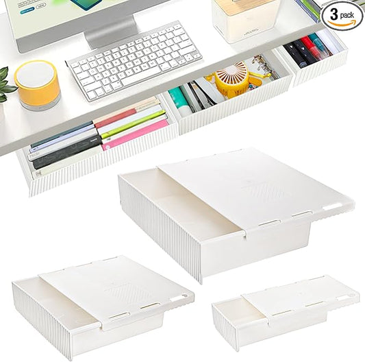 YOUEON 3 Pack Under Desk Drawer Slide Out, Self-Adhesive Under Table Drawer, Hidden Attachable Under Desk Storage Drawers, Stick on Drawers for Office, Home, School, White