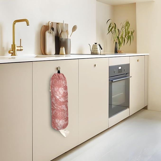 1 PC Plastic Bag Holder Wall Mount Grocery Bag Holder Shopping Bag Trash Bag Storage Organizer Dispenser for Kitchen Closet 22 x 9 Inch Red
