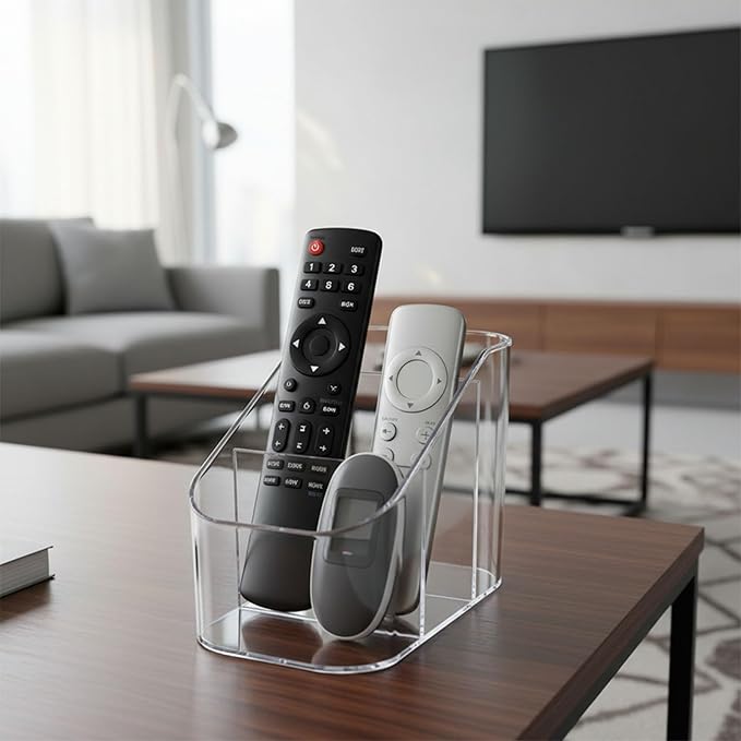 Remote Control Holder, Clear Plastic TV Remote Caddy for Desk and Nightstand Storage, Space-Saving Desk Organizer with See-Through Design for Living Room and Office Desk Accessories, 3 Compartments