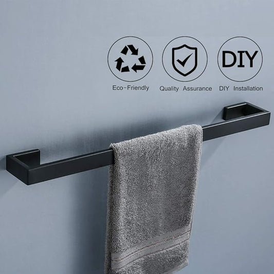 TNOMS 4 Pieces Bathroom Hardware Accessories Set Black Towel Bar Towel Holder Robe Hook Toilet Paper Holder Stainless Steel,Q8-P4BK