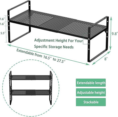Redrubbit Expandable Cabinet Storage Shelf, Adjustable Height Steel Metal Kitchen Counter Organizers Shelves Spice Rack for Kitchen Pantry Bathroom Cupboard Desk Home Office, Black-2 Pack