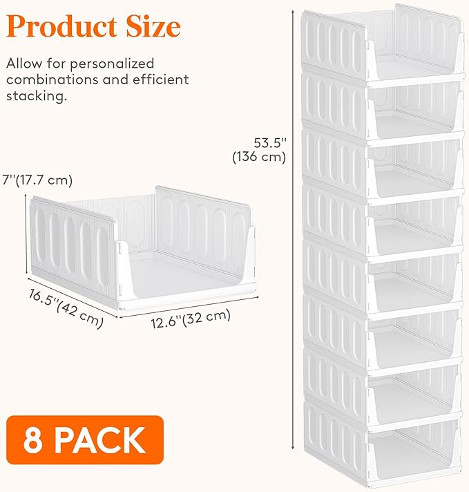 Lifewit 8 Pack Stackable Closet Organizers and Storage Basket for Clothes, Plastic Storage Bins for Wardrobe, Multifunctional Drawer Organizer for Bathroom, Kitchen, Laundry Room, Office, Dorm, White