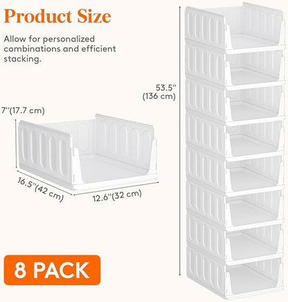 Lifewit 8 Pack Stackable Closet Organizers and Storage Basket for Clothes, Plastic Storage Bins for Wardrobe, Multifunctional Drawer Organizer for Bathroom, Kitchen, Laundry Room, Office, Dorm, White