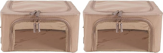 Periea Oxford Cloth Steel Frame Storage Boxes - Under-Bed or in Closet - Pack of 2 Compact Organizers (Camel)