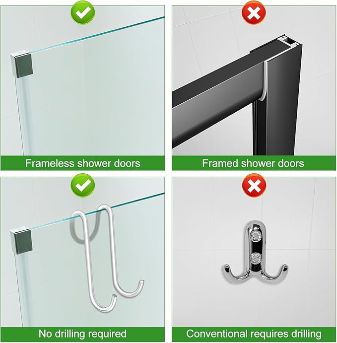 Shower Door Hooks, 2 Pack Dual-Hook Organizer with Non-Slip Rubber Coating for Towels and Clothes, Space-Saving Bathroom Storage Solution