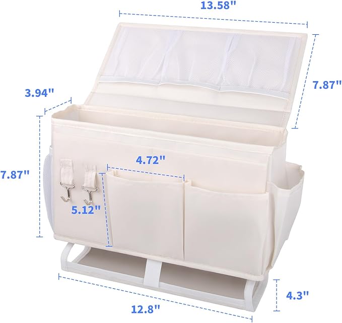 NINTHFIT Bedside Caddy for Dorm Bed Bedside Organizer, Bedside Storage with 10 Pockets and Power Strip Holder, Multifunctional Bedside Pocket for Home, College, Dorm, Bunk/Hospital/Crib Bed (Beige)