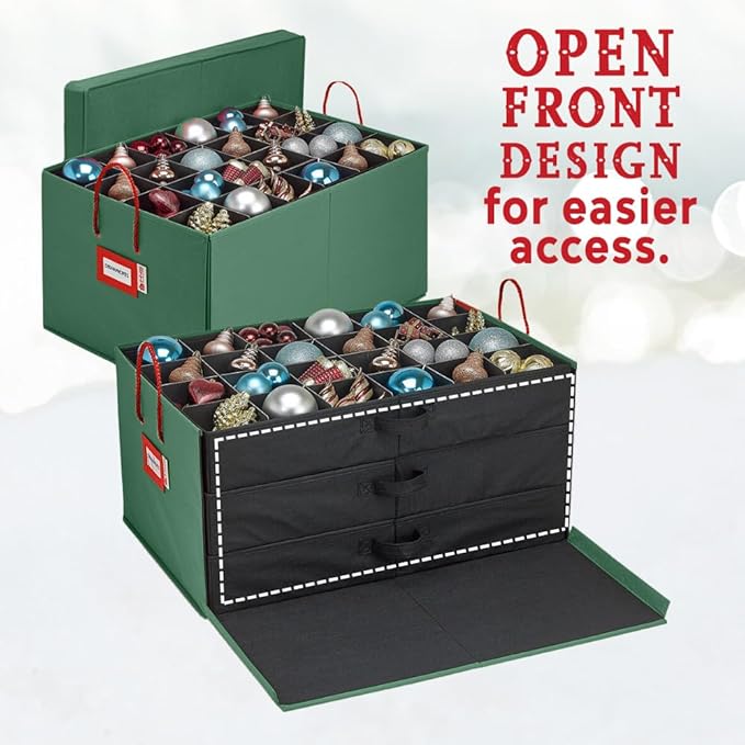 HOLDN’ STORAGE Christmas Ornament Storage Box with Dividers, Holds Up to 72 Ornaments (4 Inches), Large Organizer with 3 Stackable Trays - Green