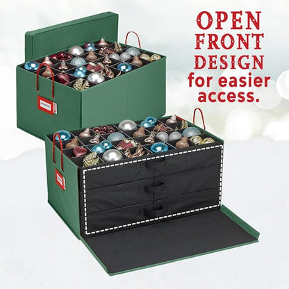 HOLDN’ STORAGE Christmas Ornament Storage Box with Dividers, Holds Up to 72 Ornaments (4 Inches), Large Organizer with 3 Stackable Trays - Green