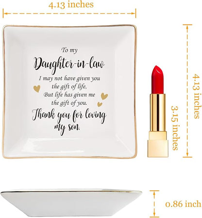 HOME SMILE Mother's Day Gifts for Daughter in Law Ceramic Ring Jewelry Dish Tray Plate for Birthday Christmas Valentines Wedding-Thank You for Loving My Son