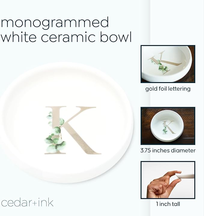Trinket Tray Jewelry Dish with Monogrammed K in Gold Ring Holder - White Trinket Dish - Personalized Ring Dish or Jewelry Tray - Cedar & Ink (K)