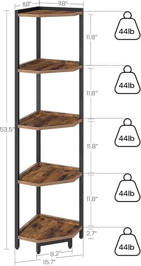 Corner Shelf Stand, Corner Bookshelf, Storage Standing Shelf Unit with Metal Frame, Plant Stand, Corner Bookcase for Living Room, Home Office, Bedroom, 5-Tier Rustic Brown CS05901B