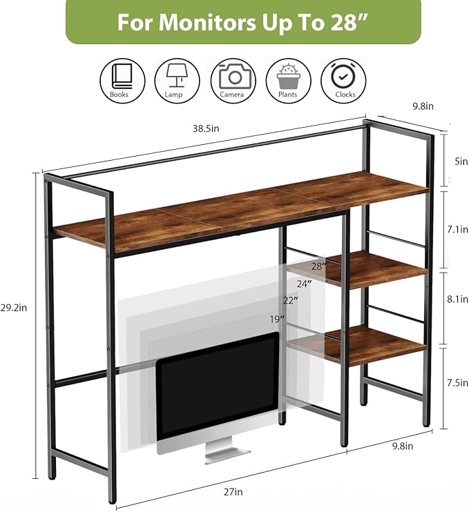 Desk Shelf, 38.6 Inch Wood Desk Organizer Shelf for Computer Monitor, Desk Hutch Storage, Desktop Shelf for Top of Desk, 3 Tier Desktop Bookshelf for Home Office Dorm, Rustic