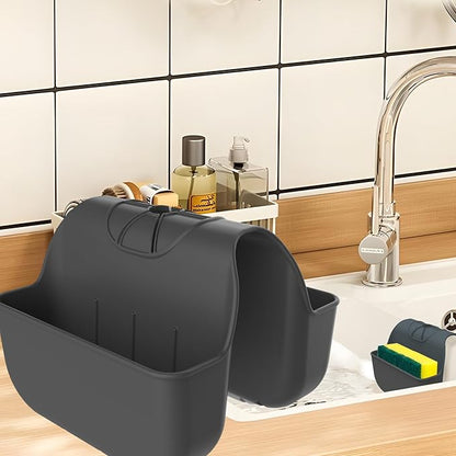OKeanu Sponge Holder for Kitchen Sink, Silicone Sink Saddle Caddy Organizer Rack, Sponges Holder Over Faucet, Hanging Kitchen Organizer Accessories Rack Basket-Black
