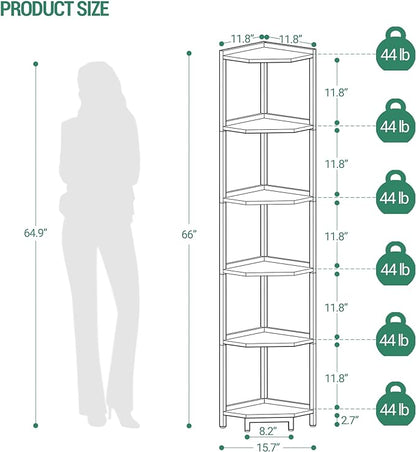 Corner Shelf Stand, Corner Bookshelf, Storage Standing Shelf Unit with Metal Frame, Plant Stand, Corner Bookcase for Living Room, Home Office, Bedroom, 6-Tier Greige CS06005B