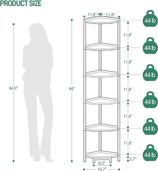 Corner Shelf Stand, Corner Bookshelf, Storage Standing Shelf Unit with Metal Frame, Plant Stand, Corner Bookcase for Living Room, Home Office, Bedroom, 6-Tier Greige CS06005B