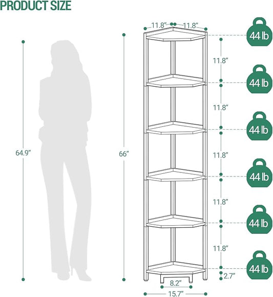Corner Shelf Stand, Corner Bookshelf, Storage Standing Shelf Unit with Metal Frame, Plant Stand, Corner Bookcase for Living Room, Home Office, Bedroom, 6-Tier White Gold CS06003A