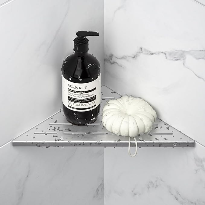 Bernkot Corner Shower Shelf 10" Brushed 304 Stainless Steel Slot Design Recessed Corner Shelf Bathroom Grout in Shelf for Tiled Wall