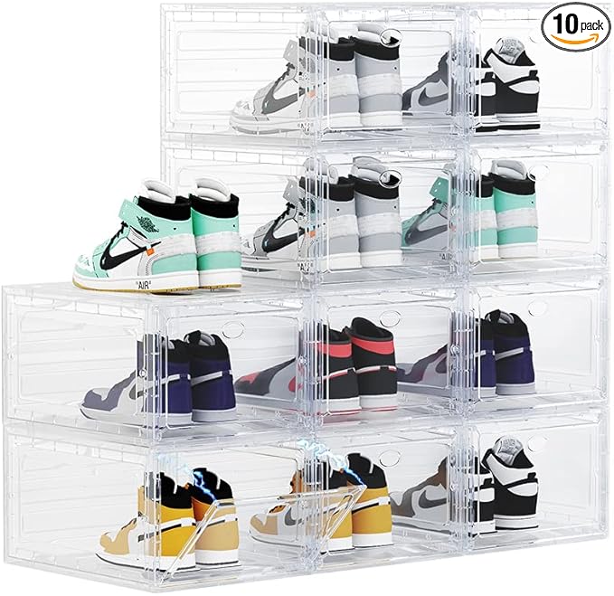 OMOPIN Large Clear Plastic Shoe Boxes Stackable Organizing Sneaker, 10 Pack Drop Front Shoe Storage Boxes for Closet, plastic shoe storage entryway for Size 12 (Clear 10 Pack)
