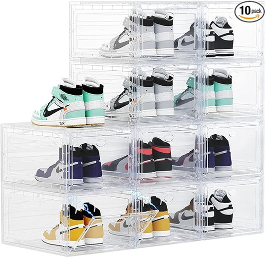 OMOPIN Large Clear Plastic Shoe Boxes Stackable Organizing Sneaker, 10 Pack Drop Front Shoe Storage Boxes for Closet, plastic shoe storage entryway for Size 12 (Clear 10 Pack)