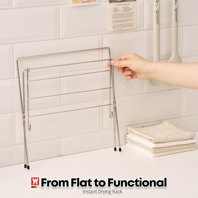 Stainless Steel Dishcloth & Towel Drying Rack for Kitchen Countertop, 6 Arms, Foldable Compact Design with Non-Slip Rubber Caps, Minimalist Storage, 11.02 in x 7.48 in x 10.63 in