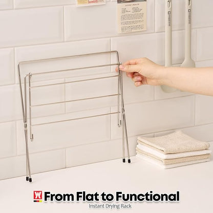 Stainless Steel Dishcloth & Towel Drying Rack for Kitchen Countertop, 6 Arms, Foldable Compact Design with Non-Slip Rubber Caps, Minimalist Storage, 11.02 in x 7.48 in x 10.63 in