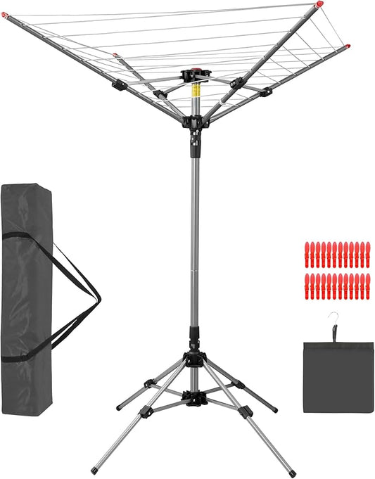 Outdoor Clothes Drying Rack, Portable Umbrella Clothesline, 4-Arm 8 Lines of 82 Ft Hanging Space, Height Adjustable Outdoor Rotary Drying Rack, Foldable Laundry Drying Rack for Backyard