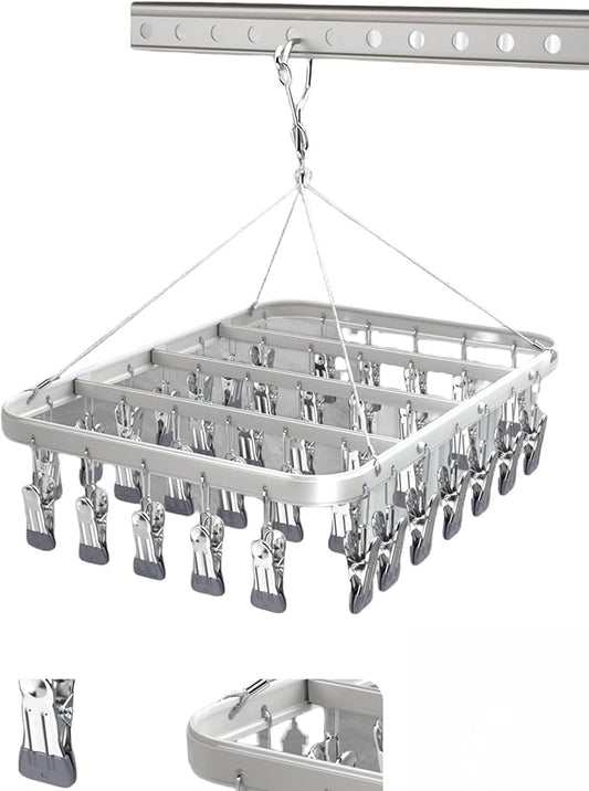 Clothes Drying Racks Clip Hangers Metal with 36 Clips Windproof Hook Underwear Hanger Foldable Laundry Clip for Socks Bras (Silver)