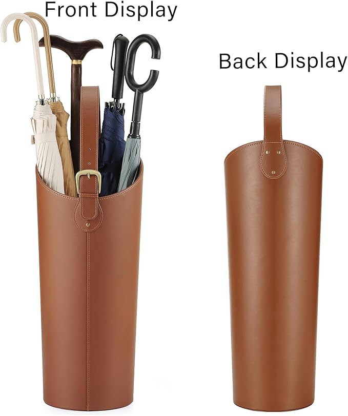 Brown Artificial Leather Tall Umbrella Holer Entryway Indoor for Business Office,22.4 Inch Umbrella Stand Entryway with Removable Water Tray 2 Hooks