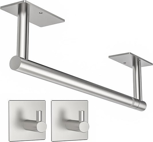 Paper Towel Holder Under Cabinet, Self Adhesive or Wall Mounted SUS304 Stainless Steel Paper Towel Holder for Kitchen, Bathroom(2 Towel Hooks, Silver)