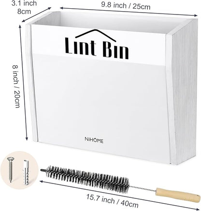 NiHome Magnetic Lint Bin for Laundry Room Storage Organization & Decor with Lint Brush, Wall Mounted Dryer Lint Box Holder Made of Metal & Pine, Lint Trash Can Lint Basket for Dryer, White