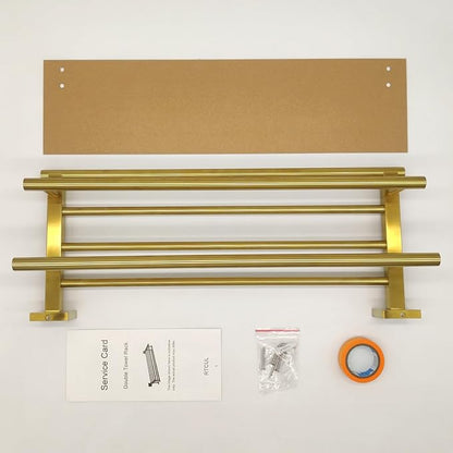 Towel Rack for Bathroom 20 Inch Wall Mounted Towel Rack Brushed Gold Towel Shelf with Double Towel Bar SUS304 Stainless Steel Towel Holder for Bathroom Wall Hotel Towel Rail