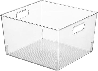 mDesign Large Modern Stackable Plastic Storage Organizer Bin Basket with Handles for Bathroom Vanity Organization - Shelf, Cubby, Cabinet, or Closet Organizing Decor - Ligne Collection - 4 Pack, Clear