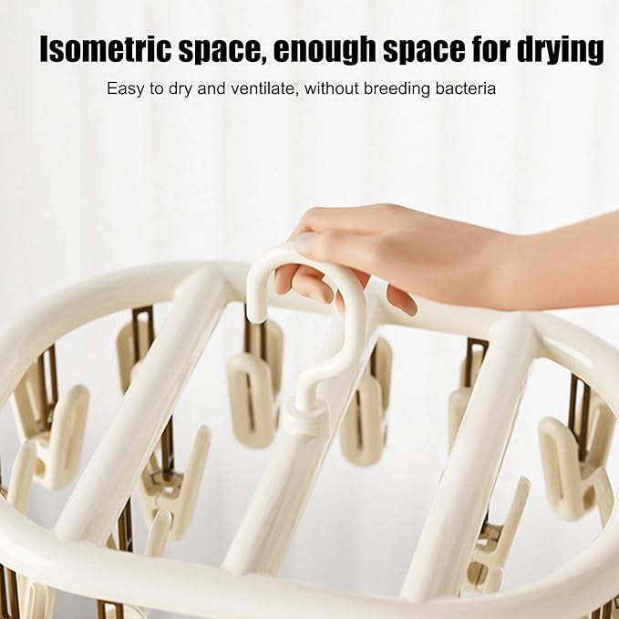 Beige Socks Drying Rack, Foldable Multifunctional Clothes Hanger with 12 or 20 Clips, Plastic, Space-Saving for Socks, Underwear, Gloves, Towels, Rotatable Hook for Easy Hanging (20 Clips)