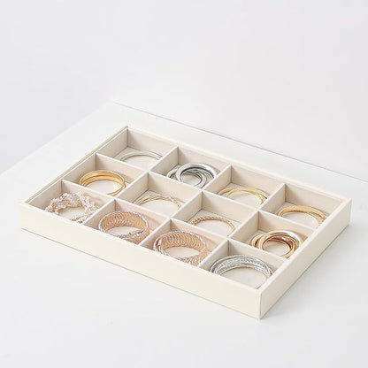 Stackable Jewelry Organizer Tray For Drawers,White Leather Small Earring Storage Tray,Bracelet And Necklace Display Box,Jewelry Ring Display Case (Creamy White 12 Grids)