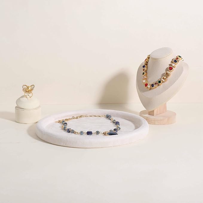 GemeShou Round Jewelry Organizer Plate, Top Microfiber Velvet Jewelry Display Tray, Empty Jewelry Showcase Tray for Necklaces, Bracelets, Rings, Earrings (Cream-Large, 9.8 x 9.8 in)