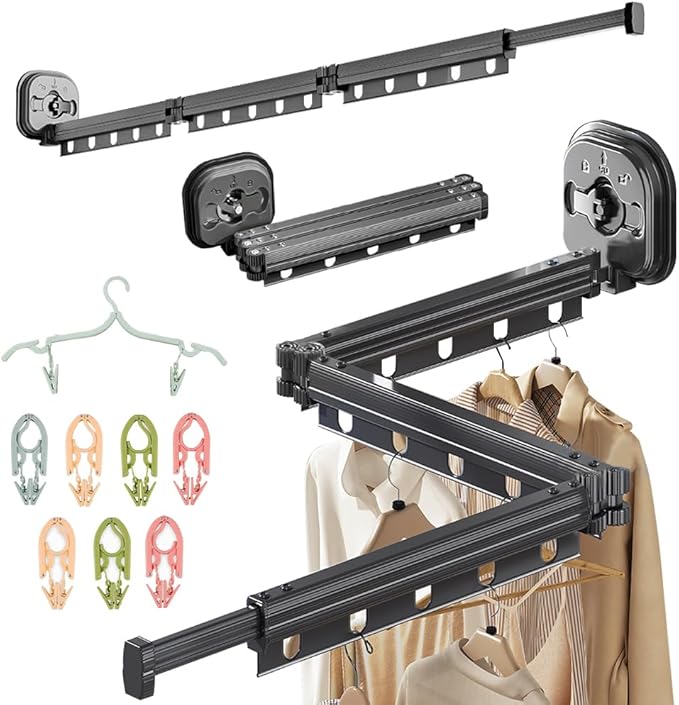 Foldable Wall Mounted Laundry Clothes Drying Rack, Space Saving Laundry Drying Rack, with 180° Swivel 220 lb Capacity, for Indoor/Outdoor Use Hanging Clothes