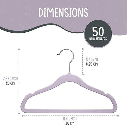 TechZoo 50 Premium Velvet Baby Hangers 11.8" Inch Non-Slip Infant, Ultra Slim Space-Saving Children Closet Hangers, 360° Swivel Hook, Strong & Durable Baby Toddler Kids Clothes Hanger, Purple