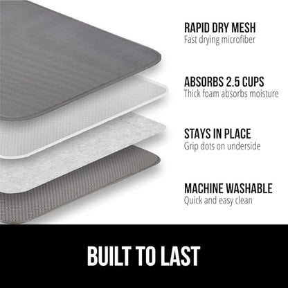 GORILLA GRIP Ultra Water Absorbent Microfiber Dish Drying Mat, 18x24, Quick Dry Thick Mesh, Slip Resistant Pad for Sink Dishes or Under Rack, Kitchen Counter Accessories, Machine Wash Mats, Gray