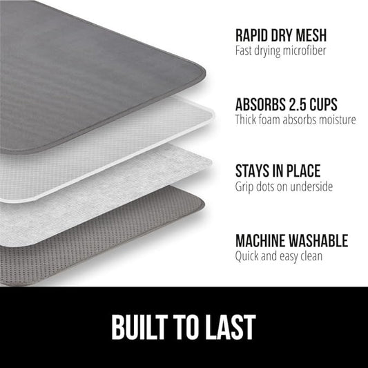 GORILLA GRIP Ultra Water Absorbent Microfiber Dish Drying Mat, 18x24, Quick Dry Thick Mesh, Slip Resistant Pad for Sink Dishes or Under Rack, Kitchen Counter Accessories, Machine Wash Mats, Gray