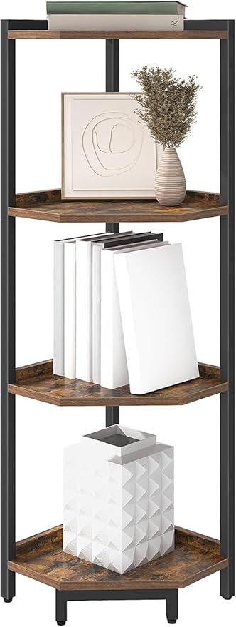 Corner Shelf Stand, Corner Bookshelf, Storage Standing Shelf Unit with Metal Frame, Plant Stand, Corner Bookcase for Living Room, Home Office, Bedroom, 4-Tier Rustic Brown CS05801B