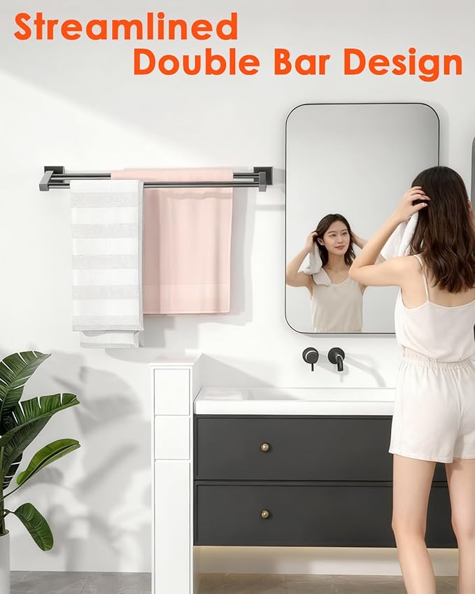 Alise Double Bath Towel Bars Towel Racks for Bathroom,Wall Mount Towel Holder Heavy Duty SUS304 Stainless Steel Towel Hanger Rail,Matte Black,28-Inch