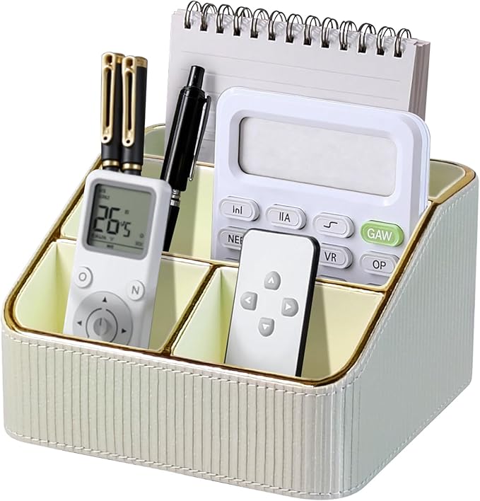 ACUDUDOMA PU Leather Remote Control Organizer Holder, 4-Compartment Small Desk Organizer, All-in-One Desk & Nightstand Caddy for Remotes, Phones, Glasses & Office Accessories