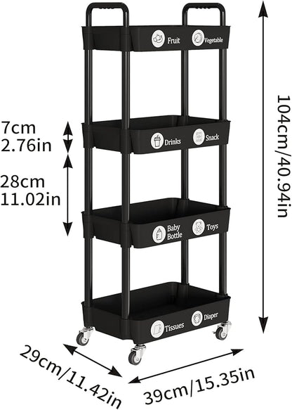 Laiensia 4-Tier Rolling Cart with Wheels,Multifunction Utility Storage Carts, Kitchen Storage Organizer,Mobile Shelving Unit for Bathroom,Laundry,with Classified Stickers,Black